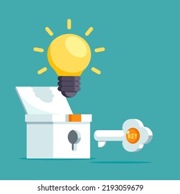 The key opens the box, unlock the lightbulb. Business idea concept. Vector illustration Flat cartoon design.