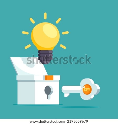 The key opens the box, unlock the lightbulb. Business idea concept. Vector illustration Flat cartoon design.