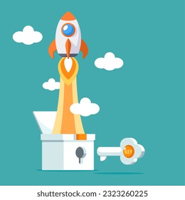 Der Schlüssel öffnet das Feld und entriegelt die Rakete. Innovationskonzept für Startup-Unternehmen Digitales Marketing steigert die Nachfrage. Vektorgrafik-Flachdesign für Banner, Poster und Hintergrund.