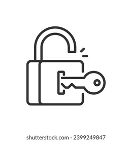 The key opens the lock, linear icon. Access is open. Line with editable stroke