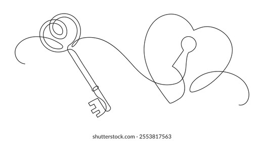 Key opens locked heart. Love concept. Continuous line drawing. Valentine's day. Frame boarder.