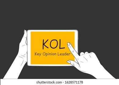 Key Opinion Leader- frase. female hands hold on the tablet, finger points. eps10 vector stock illustration of business acronym term KOL