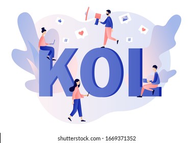 Key Opinion Leader. KOL text. Social media influencer. Marketing. Tiny bloger with megaphone and followers online. Influencing audiences. Modern flat cartoon style. Vector illustration