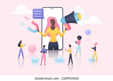 Key opinion leader and SMM marketing. Tiny woman holding megaphone and magnet, influencing audience of people in social media online campaign 3d vector illustration. Influence, advertising concept