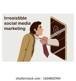 Key opinion leader or social media madness, gadget addiction concept. Rough irresistible internet marketing. Hand from smart phone pulls a man into virtual space using his tie. Vector flat cartoon.