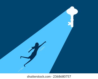 key of opportunity. Businesswoman heads towards a padlocked door that shines with a beam of light