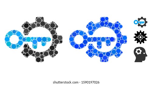 Key options composition of circle elements in various sizes and color hues, based on key options icon. Vector small circles are composed into blue composition.