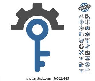 Key Options icon with bonus aircopter tools design elements. Vector illustration style is flat iconic cobalt and gray symbols on white background.