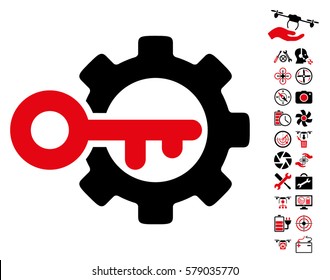 Key Options icon with bonus quad copter tools graphic icons. Vector illustration style is flat iconic intensive red and black symbols on white background.