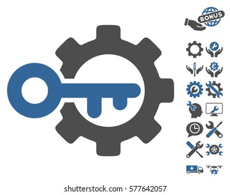 Key Options icon with bonus tools clip art. Vector illustration style is flat iconic cobalt and gray symbols on white background.
