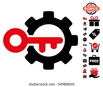 Key Options icon with free bonus images. Vector illustration style is flat iconic symbols, intensive red and black colors, white background.
