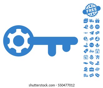 Key Options icon with free bonus images. Vector illustration style is flat iconic symbols, cobalt color, white background.