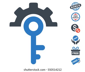 Key Options icon with free bonus graphic icons. Vector illustration style is flat iconic symbols, smooth blue colors, white background.