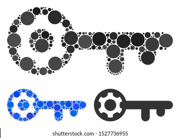 Key options mosaic of filled circles in various sizes and color tones, based on key options icon. Vector filled circles are united into blue composition.