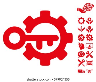 Key Options pictograph with bonus setup tools graphic icons. Vector illustration style is flat iconic red symbols on white background.
