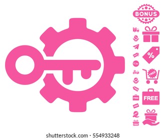 Key Options pictograph with free bonus images. Vector illustration style is flat iconic symbols, pink color, white background.