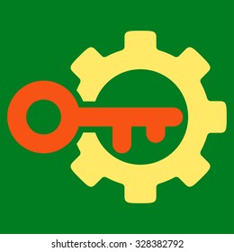 Key Options vector icon. Style is bicolor flat symbol, orange and yellow colors, rounded angles, green background.
