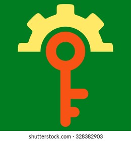 Key Options vector icon. Style is bicolor flat symbol, orange and yellow colors, rounded angles, green background.