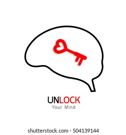 Key and outline of brain. Conceptual of the key is your brain, illustration isolated on white background.