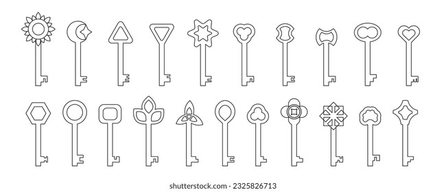 Key outline set. Old contour keys for safety, security protection vintage, antique doodle design. For logo, game web or app ui sign locking encryption