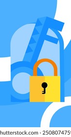 Ilustración vectorial de dibujos animados de llave y candado con fondo de geometría de Fondo de pantalla minimalista. Adecuado para el contenido de fondo de concienciación de seguridad