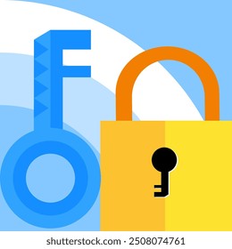 Key and Padlock Cartoon Vector Illustration with Minimalist Wallpaper Geometry Background. Suitable for Security Awareness Backdrop Content