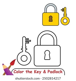 Key Padlock coloring page colored illustration, coloring book or coloring page for kids, line drawing, key padlock vector illustration