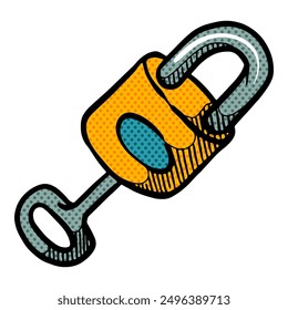 Key and padlock hand drawn halftone color vector illustration