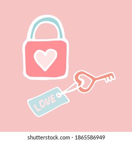 
Schlüssel und Schloss aus dem Herzen, Schlüssel mit dem Label Love, Symbol der Liebe - Schlüssel und Schloss aus dem Herzen, Valentinstag, handgezeichnet, Vektoraufkleber im Doodle-Stil.