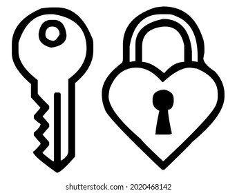 Llave y candado en forma de corazón, símbolo de amor y romance, vector, ilustración en color negro y blanco, aislado en fondo blanco 