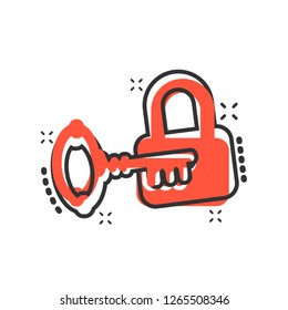 Key with padlock icon in comic style. Access login vector cartoon illustration pictogram. Lock keyhole business concept splash effect.