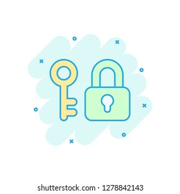 Key with padlock icon in comic style. Access login vector cartoon illustration pictogram. Lock keyhole business concept splash effect.