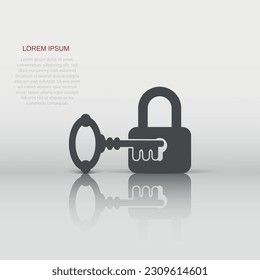 Key with padlock icon in flat style. Access login vector illustration on white isolated background. Lock keyhole business concept.