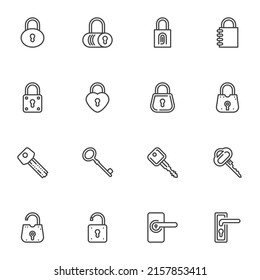 Key and padlock line icons set, outline vector symbol collection, linear style pictogram pack. Signs, logo illustration. Set includes icons as door handle, open lock