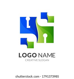 concepto de logotipo de llave y candado, moderno estilo de logotipo 3d en color azul y verde degradado
