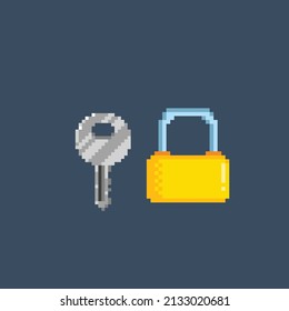 key and padlock in pixel style