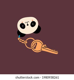 Key with panda Keychain. Keyholder and keyring. Modern keys with pendants. Hand drawn Vector illustration. Home rental, property, real estate concept. Print or poster template