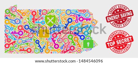 Key Pennsylvania State map and seal stamps. Red rounded Top Secret and Energy Saving grunge seal stamps. Bright Pennsylvania State map mosaic of different key items.