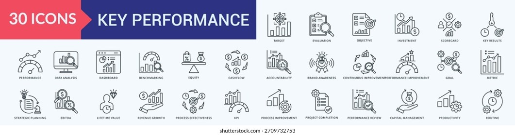 Vetor de Ilustração do Pacote de Ícones de Desempenho Chave com destino, avaliação, objetivo, investimento, scorecard, resultados principais, desempenho