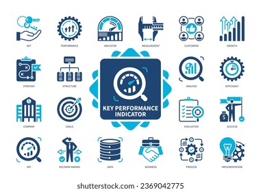 Key Performance icon set. Performance, Efficiency, Evaluation, Implementation, Strategy, Decision Making, Growth, Measurement. Duotone color solid icons