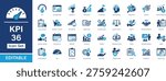 Key Performance Indicator 36 Fill Icon Set. Business, analytics, performance, growth, revenue, strategy, dashboard, reporting, target, profit, teamwork and financial metrics vector icons. UI, UX, app.
