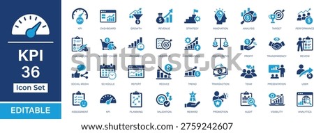 Key Performance Indicator 36 Fill Icon Set. Business, analytics, performance, growth, revenue, strategy, dashboard, reporting, target, profit, teamwork and financial metrics vector icons. UI, UX, app.