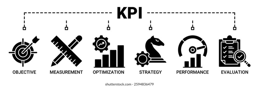 Key performance indicator banner web icon vector illustration concept with icon of objective, measurement, optimization, strategy, performance, and evaluation icons. solid color symbol background.