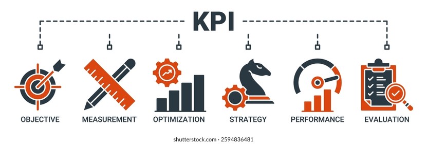 Key performance indicator banner web icon vector illustration concept with icon of objective, measurement, optimization, strategy, performance, and evaluation icons. solid color symbol background.