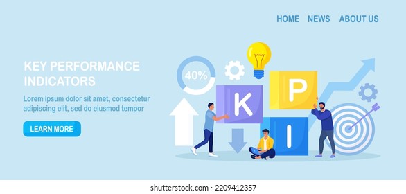 Key Performance Indicator. Businessmen put cubes together with word KPI. Business success measurement, achievement. Data review, evaluation. Analytics tool, financial management, measuring performance