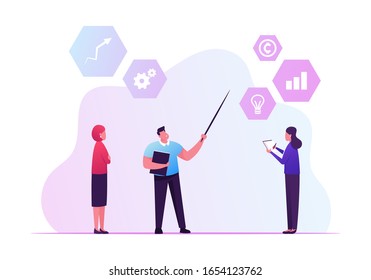 Key Performance Indicator Concept. Businessman Pointing Major Kpi Points to Colleagues Following Objective, Measurement Optimization, Strategy Performance Evaluation. Cartoon Flat Vector Illustration