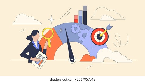 Key Performance Indicator concept with a businesswoman, gauge, and target symbolizing growth and goals. Neubrutalism style