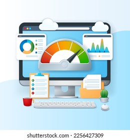 Key Performance Indicator data report concept. Computer with graphs and charts on screen. Business banner. Web vector landing page template in 3D style