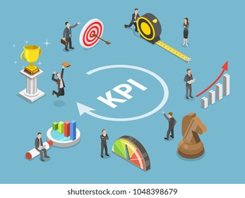 Concepto vectorial isométrico plano de indicador de rendimiento clave. Representa los principales puntos KPI como objetivo, medida, optimización, estrategia, rendimiento, evaluación.