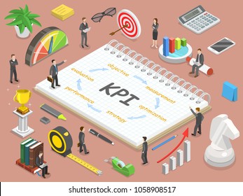 Key Performance Indicator Flat Isometric Vector Concept. Renders Major KPI Points As Following Objective, Measurement, Optimization, Strategy, Performance, Evaluation.